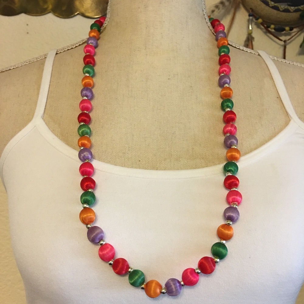Vintage bright color silk wrapped bead necklace